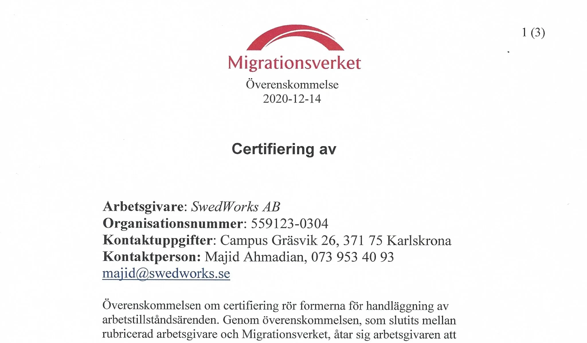 Migrationsverket Fast Track certification