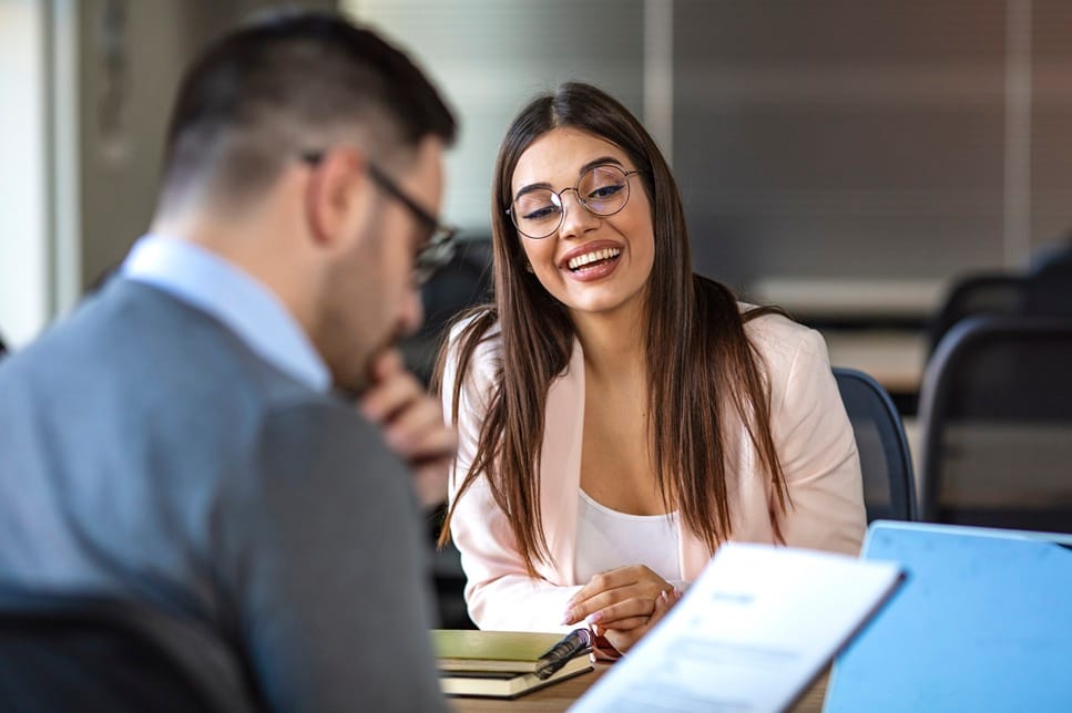 Young attractive woman during job interview